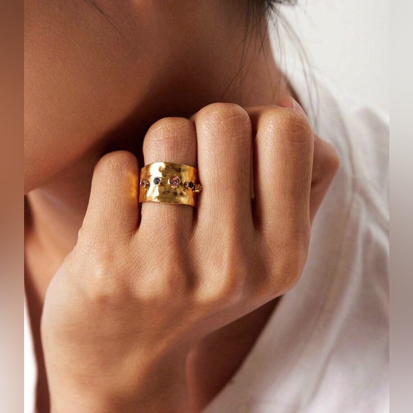 New 18KG FP Cubic Zirconia Rainbow Textured Gold Plated Open Cuff Cocktail Ring - Picture 14 of 15